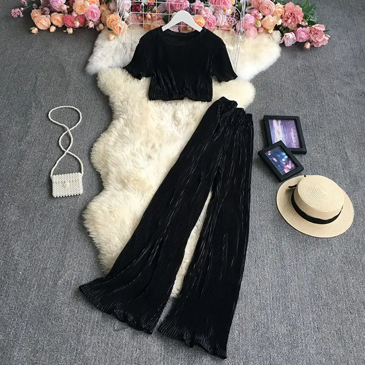 DD1855 Set Kaus + Celana Wanita Desain Pendek Warna Polos Mode Korea Dua Potong Pakaian 8