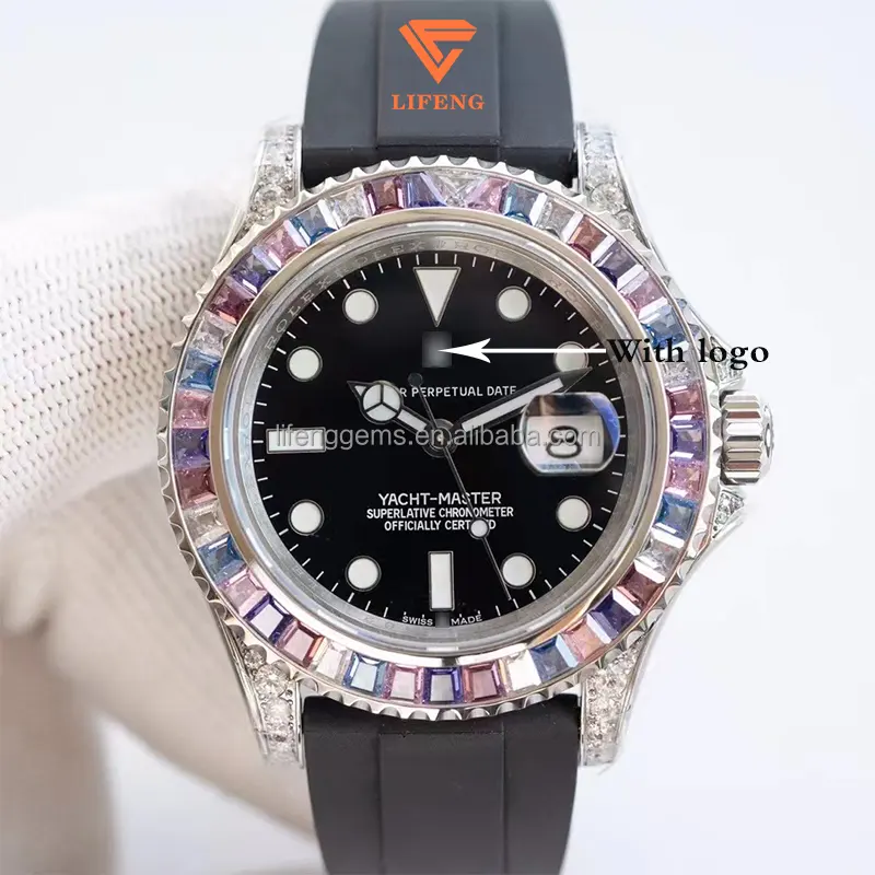 Fashion design colorful candy bezel/black leather strap date watch normal display vvs moissanite mechanical watch