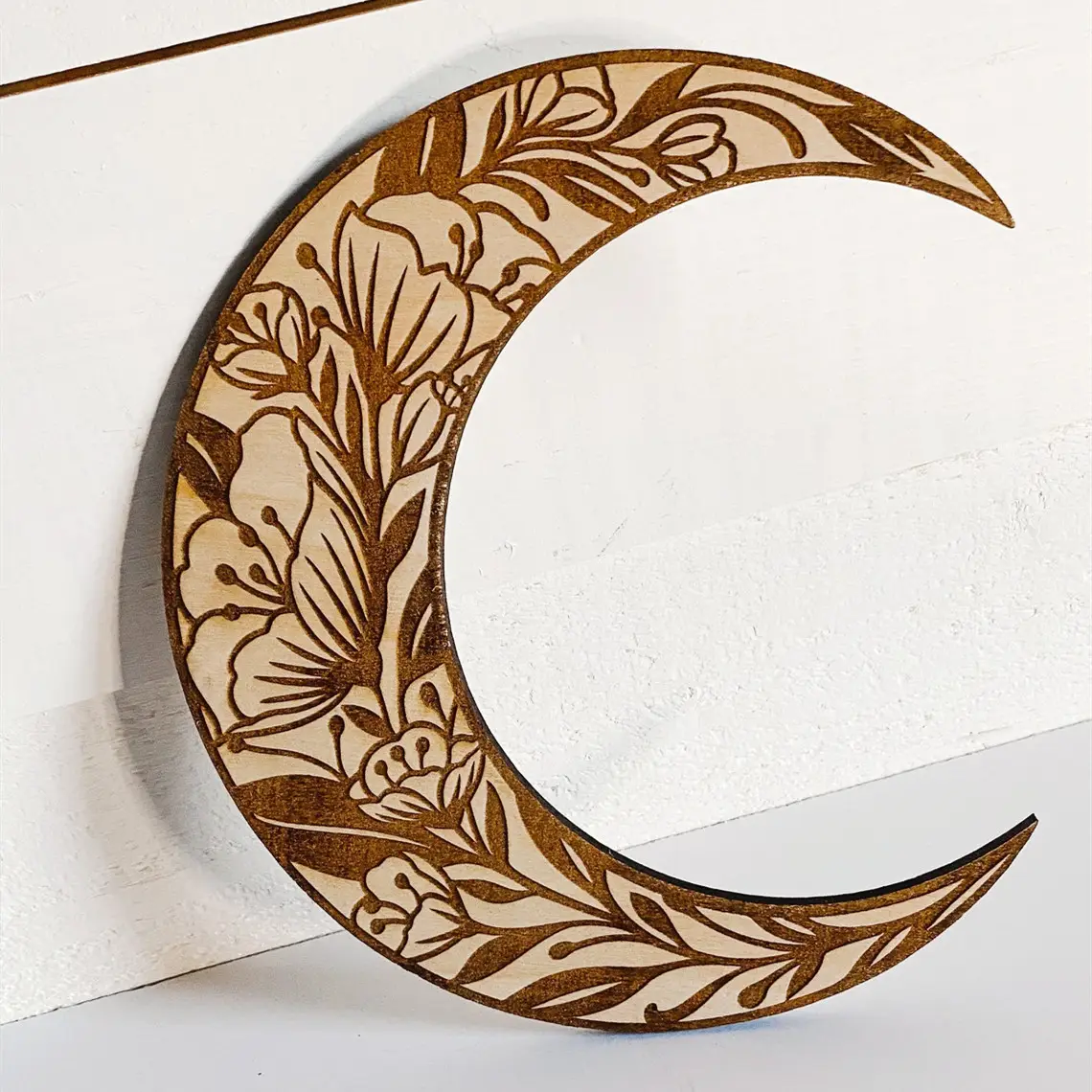 Custom Wall decoration Boho Crescent Arts laser engraved Floral Moon wood sign for wall hanging decoration