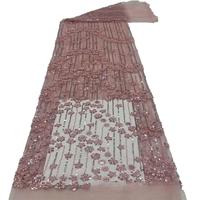 Tissu en dentelle à motif ondulé superposé, tricoté 100 % polyester, résistant à l'abrasion, pour robe de mariée africaine, tissu perlé