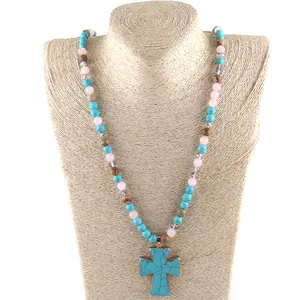 Fashion Lariat Natural Stone Necklace Pink Quartz Pic Jasper Beads Turquoise Cross Necklace Western Jewelry