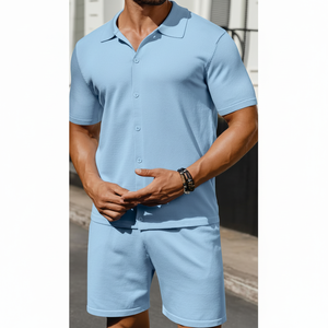 Ensembles de tenues 2 pièces imprimées pour hommes Ensemble chemise et short en tricot boutonné à manches courtes décontractées Tenues de plage d'été - Product Image 1