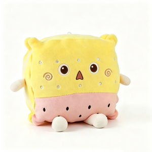 Peluche personnalisée en forme de fromage jaune carré avec petites oreilles d'ours, peluche à deux couches imprimée fromage + jambon rose et pastèque - Product Image 1