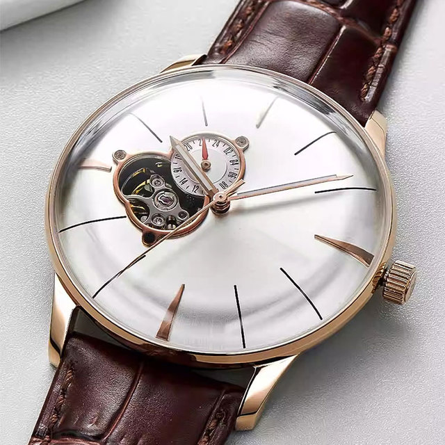 Small Batch Wholesale Luxury Men Automatic Mechanical Watch Rose Gold Minimalist Design 24-hour Display Brown Leather