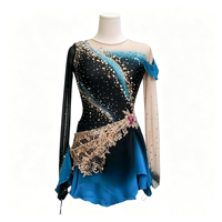 Robe de patinage artistique à dégradé noir et bleu avec strass, manches asymétriques en maille pour enfants et adultes, performance de patinage sur glace