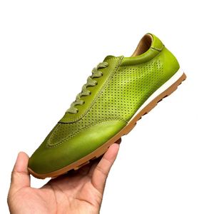 Baskets en cuir perforé vert pour homme, faites à la main, respirantes, décontractées, à lacets, antidérapantes, confortables, légères, printemps-automne - Product Image 5