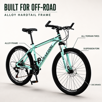 Vélo de montagne en alliage avec fourche à suspension avant, freins à disque, transmission multi-vitesses, pneus à crampons, vélo de montagne à cadre rigide
