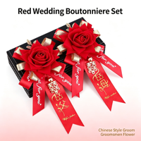 Rote Rose Goldblatt-Schleife Chinesisches Doppeltes Glück Boutonniere für Bräutigam Trauzeuge Hochzeit Verlobung Anzug Revers-Dekoration