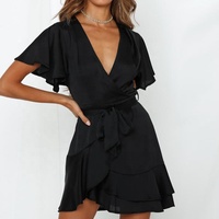 Robe élégante à imprimé floral pour femmes, robe d'été sexy à col en V, mini robe, nouvelle mode, manches courtes, robe moulante pour soirée