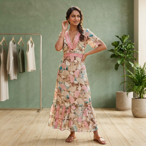 Free Size Y2K Simple <b>Boho</b> Indian Woven Silk A-Line Maxi Floral Print Korean <b>Summer</b> V-neck Flare Sleeve Breathable Casual <b>Dress</b> - Product Image 1