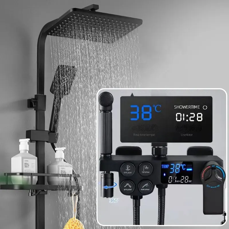 Luxury Wall Mount Designed Thermostatic Digital Black Rain Bathroom Bath Shower Faucet Mixer Set With Shattaf Bidet Sprayer