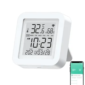 Vendita all'ingrosso termometro alexa-Wifi Smart Home Tuya sensore di temperatura e umidità igrometro interno termometro allarme batteria Display LCD per Alexa Google