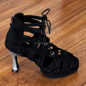 Chaussures de danse latine en daim noir LUOQIAO S021 avec strass, talons brillants pour <span class=keywords><strong>salsa</strong></span>/bachata, lacets, bottes de jazz pour femmes - Product Image 2