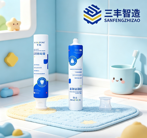 Tube de dentifrice en plastique bleu avec bouchon à clapet et étiquetage pour soins personnels - Product Image 1