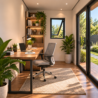 Cabine de travail de jardin pour l'apprentissage à domicile, espace de concentration silencieux avec lumière naturelle, rangement intelligent et design intérieur confortable
