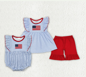 Sibling Embroidery <b>Flag</b> Baby Girls Blue <b>Checkered</b> Tunic Ruffle Shorts Clothes Sets Rompers - Product Image 4