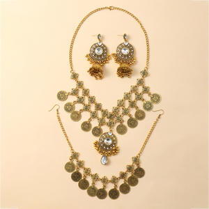 YL Ensemble de bijoux en alliage serti de diamants, style bohème vintage, avec boucles d'oreilles et collier à pendentif perlé, style européen-américain exagéré - Product Image 3