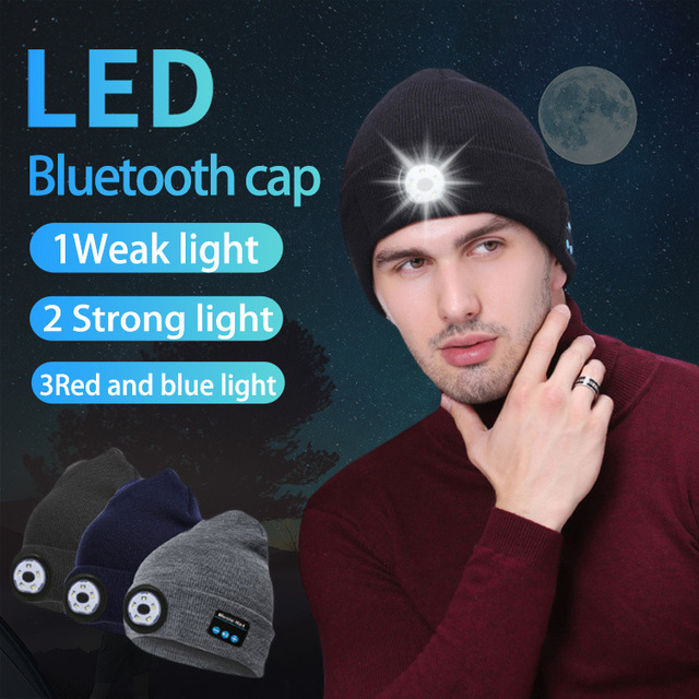Wireless Bluetooth Wool Knitted Cold Cap with LED Light for Outdoor Night Run and Beach Features Red and Blue Lighting