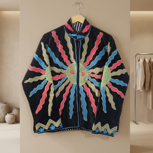 <b>Velvet</b> Mandarin Collar <b>Jacket</b> With Hand Embroidered Geometric Pattern Full Sleeve Autumn Wear <b>Women's</b> Regular Length - Product Image 3