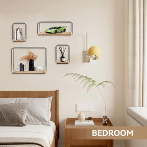 Set of 4 Wall Mounted Floating <b>Shelves</b> Black Metal Wire & Wood Wall Storage Organizer <b>for</b> Living Room <b>Kitchen</b> & Bedroom - Product Image 2