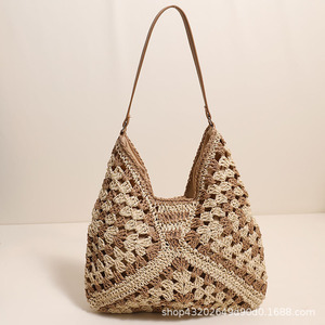 Nuova Borsa a Tracolla Intrecciata in Corda di Poliestere con Cerniera, Design a Fiori Quadrati e Triangoli, Stile <span class=keywords><strong>Nonna</strong></span>, con Blocchi di Colore - Product Image 6