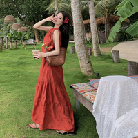 Nouvelle Robe Longue Rouge Unie Tissée Style Chinois à Col Halter, Sans Manches, à Volants, Naturelle et Élégante, pour Vacances à la Plage, pour Femme