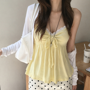 Débardeur en tricot jaune pour femme avec dentelle, col en V, mignon et élégant, avec logo sur le devant, dos nu, sans manches, idéal pour l'été - Product Image 4