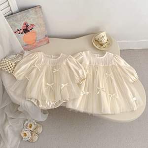 2026 Frühling Neue Mode Mädchen Langarm Babykleider Baby Mädchen Strampler Schleife Prinzessin Tüllkleid Süßes Netz-Schwester-Outfit - Product Image 5