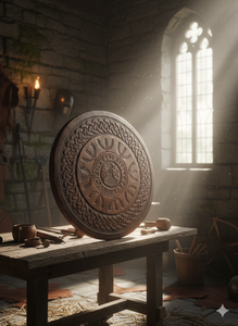 Escudo tallado antiguo en madera MDF de pino de 17 mm, tamaño de 24 pulgadas, con un diseño de grabado excelente y mango de cuero. - Product Image 3