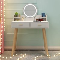 Table de toilette moderne avec miroir à LED, tiroirs de rangement et tabouret, idéale pour chambre à coucher, appartement et hôtel