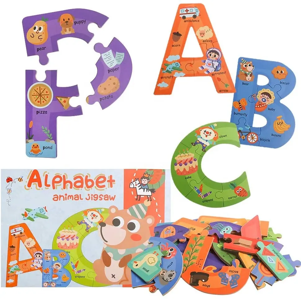 Montessori-rompecabezas de madera con forma de color para niños, juguete de aprendizaje de letras de animales, alfabeto ABC
