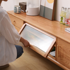 Ensemble de meuble TV et table basse en bois de cerisier massif de style nordique japonais, 2 pièces avec <span class=keywords><strong>portes</strong></span> coulissantes réglables pour salon - Product Image 3