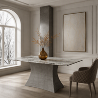 Table à manger de luxe en pierre blanche, design moderne en bloc, base monolithique en béton pour villa, hôtel, restaurant, salon, personnalisable