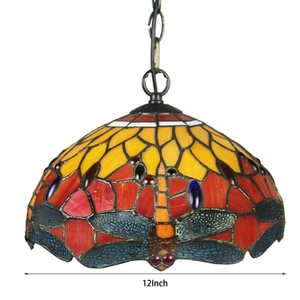 LongHuiJing Middle 12-Inch Adjustable Height European Pastoral Retro Tiffany Pendant <b>Red</b> Dragonfly Pattern Stained Glass Shade - Product Image 3