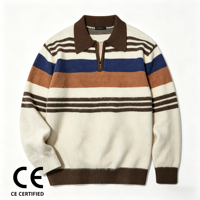 Pull en laine mohair premium pour homme, style vintage, rayé, tricoté, texture duveteuse, col polo, demi-zip, streetwear