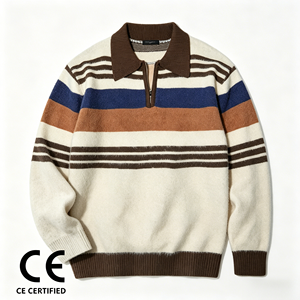 Premium Mohair Wool Sweater <strong>Men</strong> Vintage Striped Knitted <strong>Polo</strong> Shirt Retro Fuzzy Texture Half Zip Pullover Streetwear Knit <strong>Jumper</strong> - Product Image 1