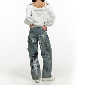 Nueva Llegada, Jeans Cargo de Moda Urbana para Mujer con Logotipo Personalizado, Jeans Holgados de Pierna Recta con Estampado de Grafiti - Product Image 3