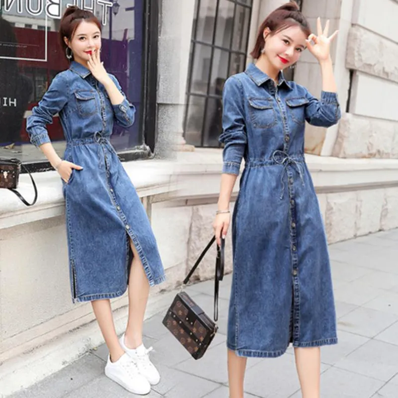 CUHAKCI Spring And Autumn Fashion Denim Blue Dress Women Casual Lapel Long Sleeve Long Shirt Elegant Working Office Dress