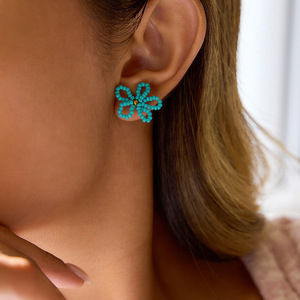 Flower Stud Earrings <b>Blue</b> <b>Beaded</b> 18K Gold Center Stainless Steel Post Gift Jewelry - Product Image 3