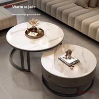 Nouvelle table basse ronde en marbre avec cadre en bois, rangement rétractable, mobilier moderne de luxe pour petits appartements