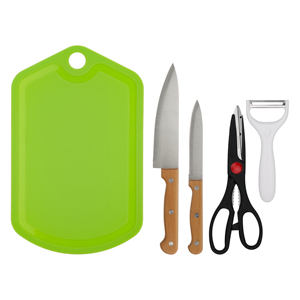 Juego de 5 Cuchillos de Cocina: Cuchillo de Chef + Cuchillo Multiusos + Tijeras + Pelador + Tabla, Mango de Madera Natural para Cortar y Picar a Diario - Product Image 3