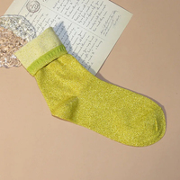 Chaussettes d'Équipage en Soie Or et Argent pour Femmes, Couleurs Bonbon, Coton Tricoté, Filigrane Scintillant, Paillettes et Motif Dessin Animé, Caractéristique Chaleureuse
