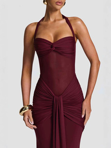 Robe longue sirène sexy pour femme, en maille transparente froncée, col licou, pour événements formels, soirées glamour et fêtes mode - Product Image 2