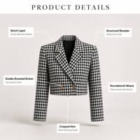 Blazer court croisé pied-de-poule, veste courte ajustée à revers crantés pour le bureau ou les occasions décontractées