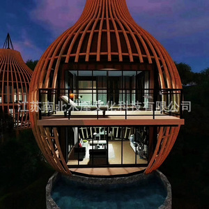 บ้านพักทรงกรงนกโครงไม้ทรงกลม หนึ่งห้องนอน หนึ่งห้องนั่งเล่น เต็นท์โรงแรมเปลือกแข็งสำหรับกลางแจ้ง ผู้ผลิตจากเจียงซู - Product Image 1