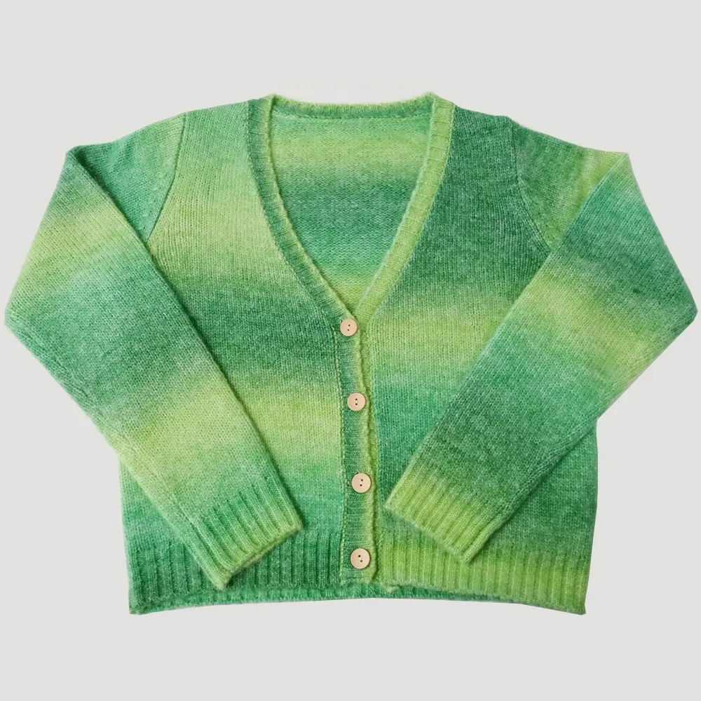 Özel logo OEM ODM sonbahar kış moda bayan düğmesi yeşil örgü yün kazak ceket triko üst özel örme hırka