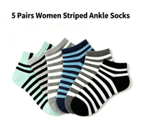 Lot de 5 paires de chaussettes courtes rayées pour femme en mélange de coton respirant, avec talon et bout renforcés, bord élastique, pour usage quotidien décontracté