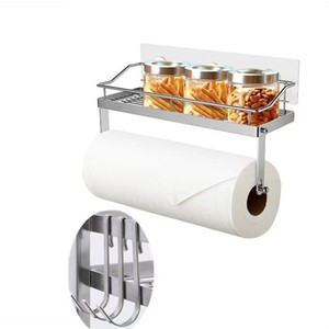 Wall Mounted Stainless Steel <b>Paper</b> Towel Holder With Spice Rack Storage Shelf <b>Kitchen</b> Organizer Adhesive No Drill Installation - Product Image 1