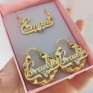 Qiuhan Stainless Steel Personalized Letter Heart Zircon Custom Name Pendant Necklace 30mm Twist Hoop Earrings Jewelry Set
