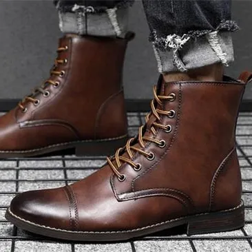 2020 fashion heavy duty work men boots shoes lace up leather black brown ankle boots plus size